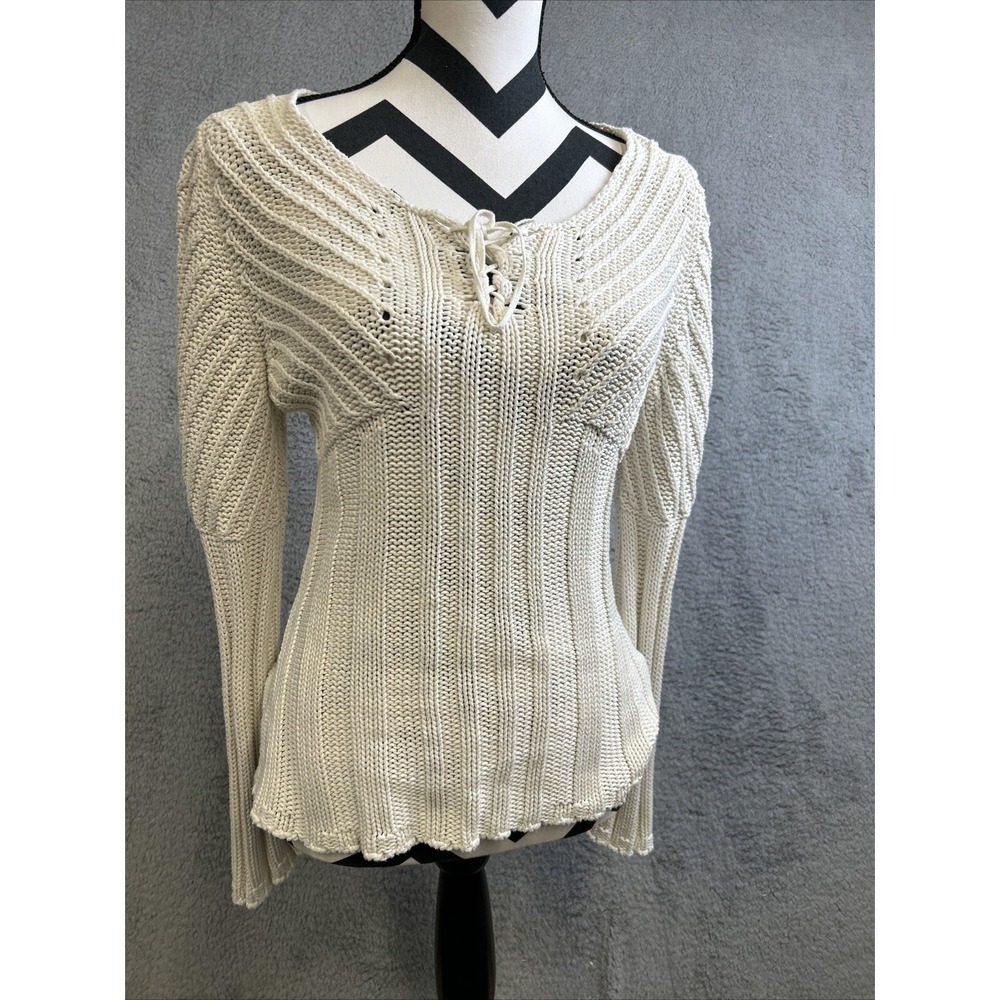 Cotton Country By Parkhurst Womens Size Small‎ Ivory Knit Bell Sleeves Tie